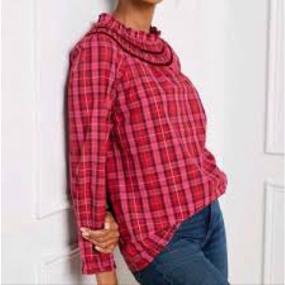 Talbots Tops - Talbots Velvet Trim Ruffle Popover Blouse in Moonlight Plaid Red and Pink Size L